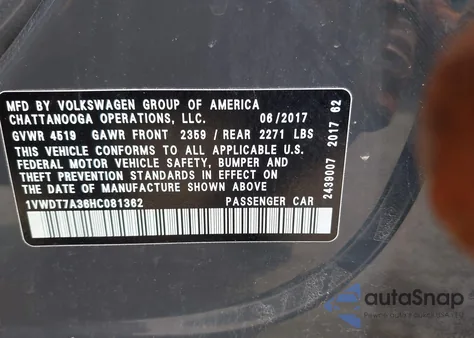 2017 Volkswagen Passat 1.8T R-Line from USA, damaged, VIN 1VWDT7A36HC081362